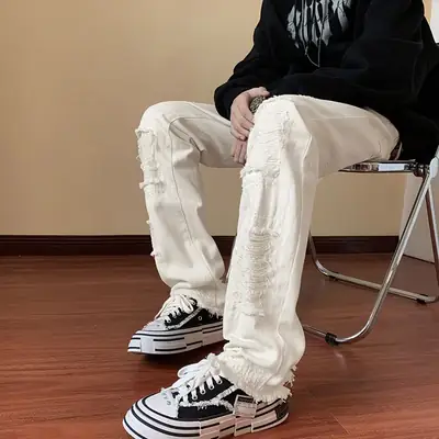 Men's Black Ripped Slim Fit Pants with Zip Hoodie