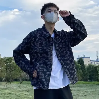 Men's Paisley Denim Jacket European Street Style Plus Size