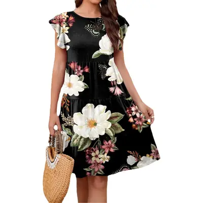 Purple Floral Flutter Sleeve Casual Dress for Women