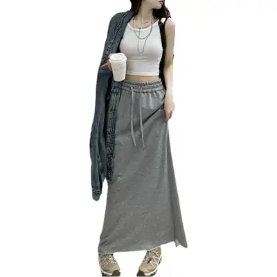 Women's Grey Sweater Skirt High Waist Cross Slimming Casual A-Line Split Hip Long Skirt