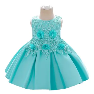 Turquoise Satin Lace Flower Dress for Little Girls