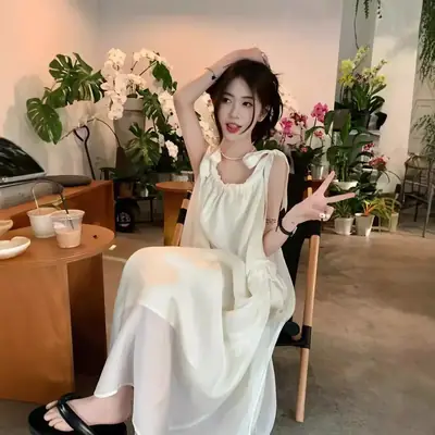 White Sling French Dress Sanya Travel Wear 2025