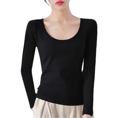 Pure Cotton Round Neck Slim Fit Long Sleeve Black Base Shirt for Women, Spring 2026 New Style T-Shirt, Solid Color Tee for Spring and Autumn