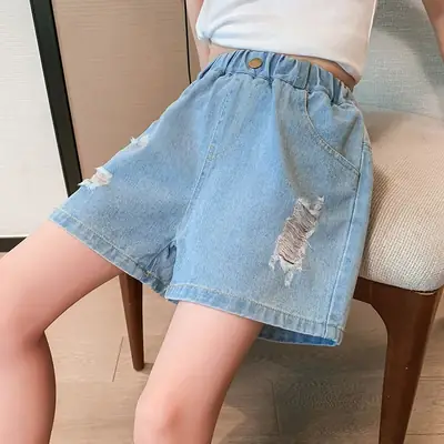 Girls' Ripped Denim Shorts Summer Wear