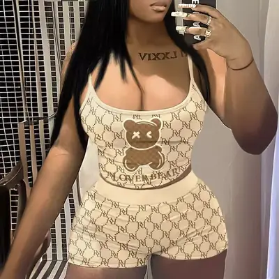 Pink Bear Print Sling Shorts Set for Women
