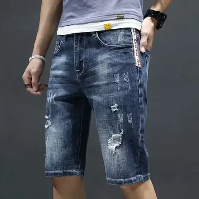 Men's Japanese Denim Shorts with Holes Mid-Length Casual Pants
