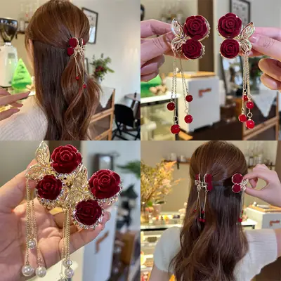Red Flocking Rose Hair Clip for Women Autumn Winter