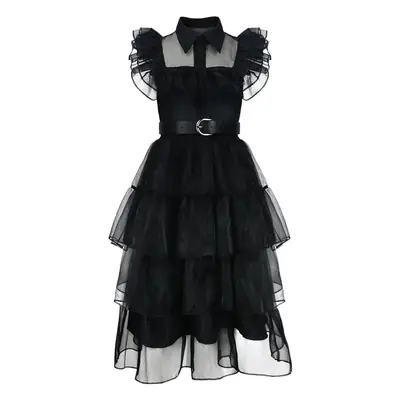Black Tiered Ruffled Dress with Belt for Cosplay