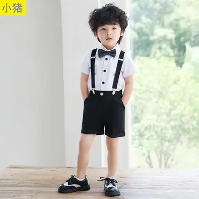 Boys Bib Shorts Suit Black White Bow Tie Summer