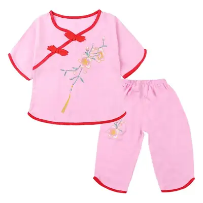 Girls Red Embroidered Pajamas Set Cotton Silk Summer
