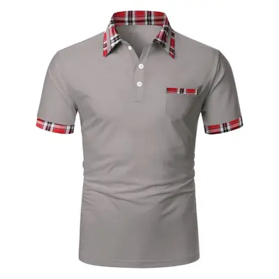 Men Red Plaid Short Sleeve Polo Shirt with Button Pocket