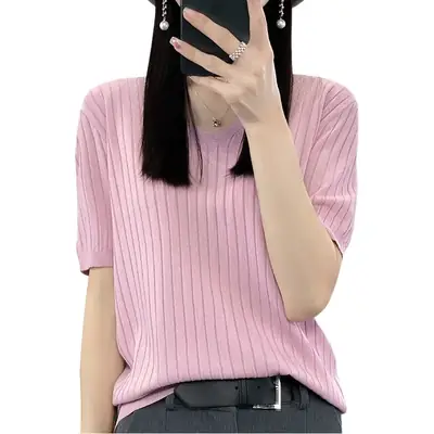 Summer Women Knitted V-Neck T-Shirt Beige