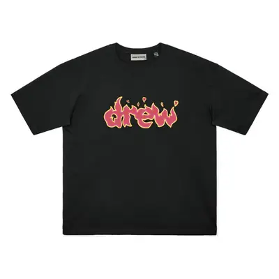 Black Crewneck T-Shirt with "Drew" Flame Graphic