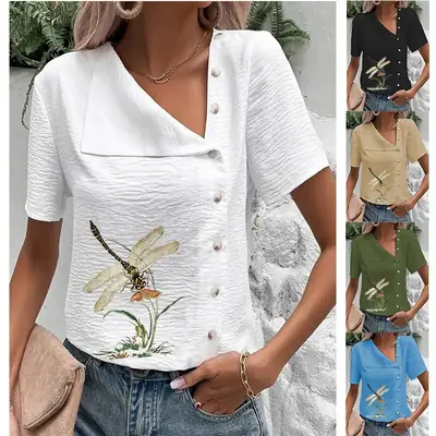 Women's Green Floral Button Top Large Cotton Linen Short Sleeve