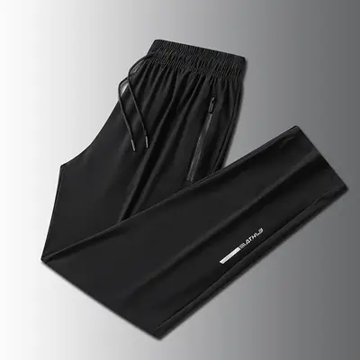 Men Ice Silk Leg-Tie Pants Black Large Elastic