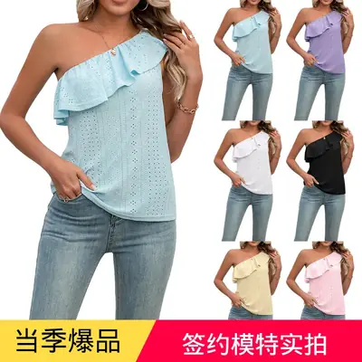 2023 Black Ruffled Wide Shoulder Vest for Women