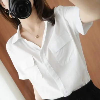 Women Korean Style Short Sleeve Yellow Shirt with Double Flap Pocket
