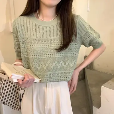 Women's Green Hollow Crochet T-Shirt Summer Wear