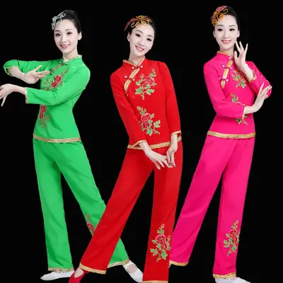 Green Square Dance Costumes 2023 Set Fan Waist Drum