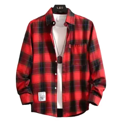 Men Red Plaid Button Shirt Yellow Black Blue