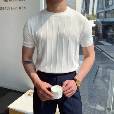 Men Knitted Straight Sleeve Pullover Summer Wear Beige
