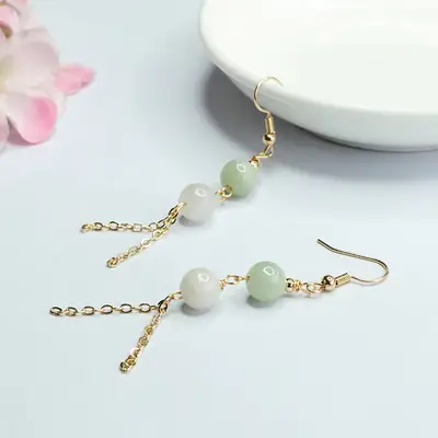 Women Jade Double Bead Tassel Earrings Gold