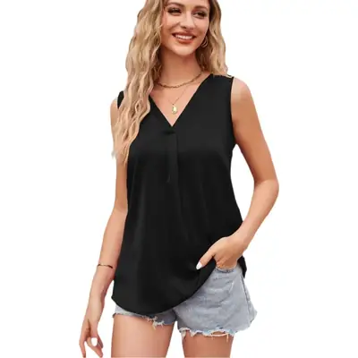 Black Satin V Neck Vest with Chiffon Shirt Set
