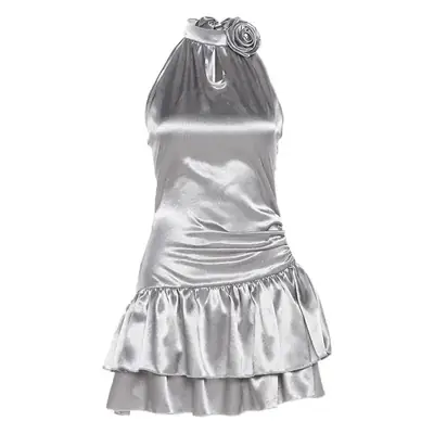 Silver Ruffled Sleeveless Neck High Waist Dress for Women