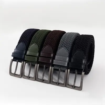 Men's Green Knitted Belt Belt with Buckle Pin