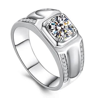 Men's Gold Plated Moissanite Ring with Blue Stone