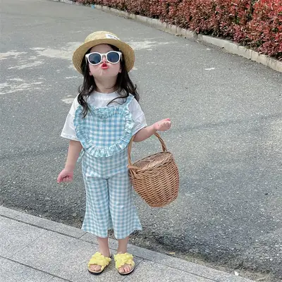 2023 Summer Girl Plaid Crop Pants Wooden Hat