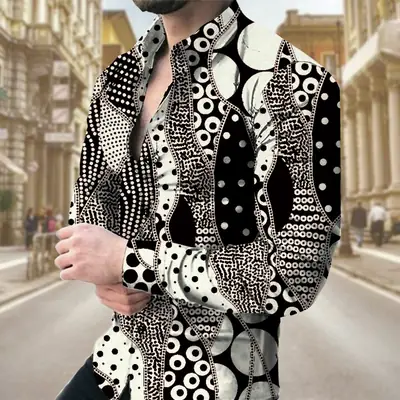 Men 3D Digital Print Long Sleeve Collared Shirt Black Orange Snake Pattern