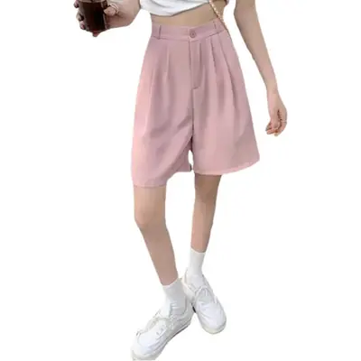 Female Shorts Set Pink Wide Leg High Waist Macaron Silk