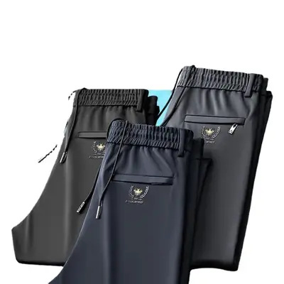 Men's Grey Elastic Waist Straight Stretch Trousers
