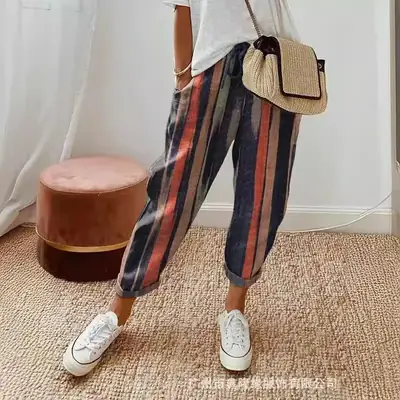 Women Printed Cotton Pants White Floral Casual 2023