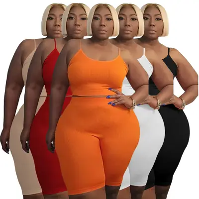 Plus Size Women's Orange Shorts Suit High Elastic U-Shape