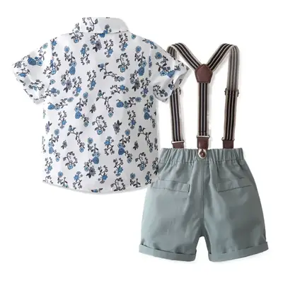 Boys Floral Shirt & Strap Shorts Set Blue White