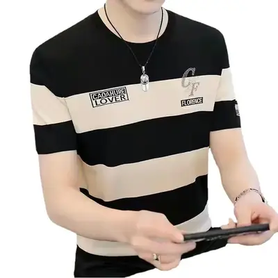 Men Striped T-Shirt Green White Korean Style