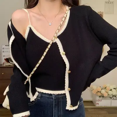 Long Sleeve Knit Cardigan Jacket for Women Black White