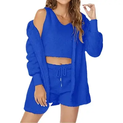Cross-border Casual 3Pc Long Sleeve Plush Jacket Vest Shorts Set