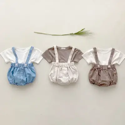 Baby Blue Denim Strap T-Shirt Suit with Slippers