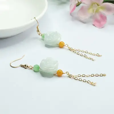 Jade Flower Tassel Earrings for Women Gold Plated