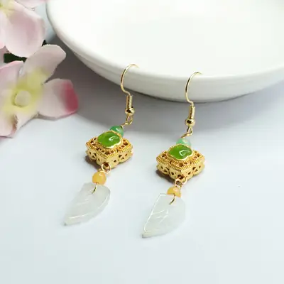 Guan Yu Jade Leaf Earrings Gold Plated Women
