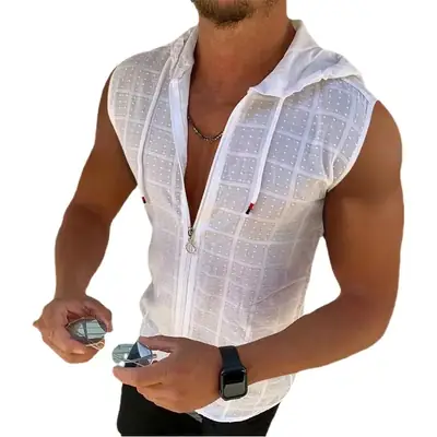 Men's White Plaid Sleeveless Hooded T-Shirt