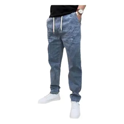 Men Blue Slimming Elastic Jacquard Jeans Casual Pants