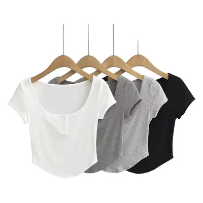 Women Grey Three Button Hedge T-Shirt Summer 2023