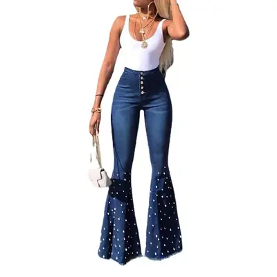 High Waist Elastic Slim Jeans with Beaded Flare