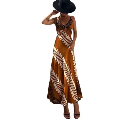 V-Neck Silk Printed Pencil Skirt Dress Brown