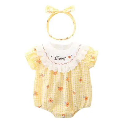 Girls' Yellow Plaid Newborn Jumpsuit with Bow Hat