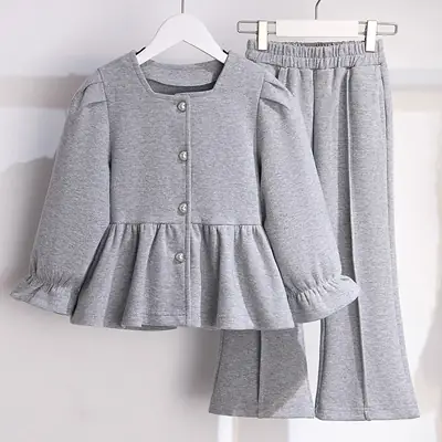 Girls Grey Flared Button Top Suit Spring